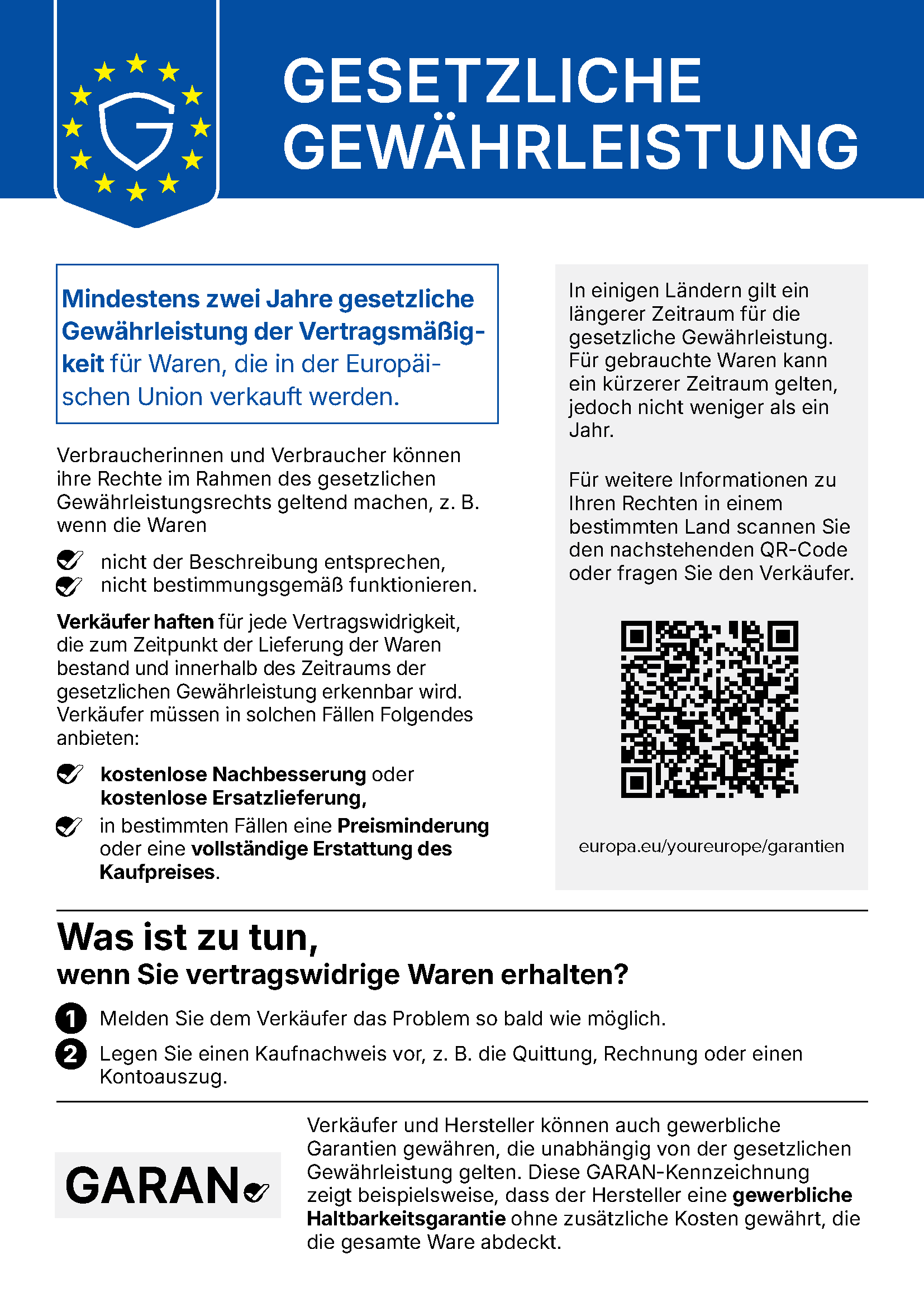 Hinweise zur gesetzlichen Gewährleistung innerhalb der EU